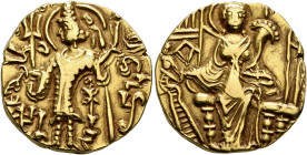 HUNNIC TRIBES, Kidarites. Kirada, circa 340-356. Dinar (Gold, 20 mm, 7.66 g, 12 h), Gandhara. Kirada standing front, head to left, sacrificing with hi...