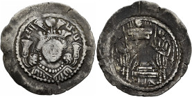 HUNNIC TRIBES, Kidarites. Kidara, circa 350-385. Drachm (Silver, 28 mm, 3.77 g, 3 h). KEDARA KUSANASA ('Kidara King of the Kushans' in Brahmi) Facing ...
