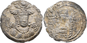 HUNNIC TRIBES, Kidarites. Buddhamitra, 450-500. Drachm (Silver, 27 mm, 2.66 g, 3 h). Bust of Buddhamitra facing slightly right, wearing winged crown w...