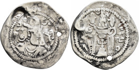 HUNNIC TRIBES, Hephthalites. Circa 484/8-560. Drachm (Silver, 28 mm, 3.13 g, 11 h), anonymous type. Draped and bearded Sasanian style bust to right, w...