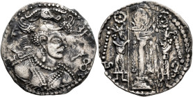 HUNNIC TRIBES, Nezak Huns. Circa 6th-7th centuries. Drachm (Silver, 24 mm, 3.57 g, 3 h), š-group, early style, Ghazni, circa 550. nycky MLK - š (in Pa...