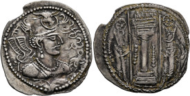 HUNNIC TRIBES, Nezak Huns. Circa 6th-7th centuries. Drachm (Silver, 27 mm, 3.68 g, 3 h), š-group, early style, Ghazni, circa 550. nycky MLK - š (in Pa...