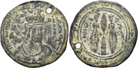 HUNNIC TRIBES, Western Turks. Tegin, circa 680-700. Drachm (Bronze, 29 mm, 3.05 g, 3 h), Zabulistan, after 688, RY(?) 2. 'TKYN BG HWT'P HWL'S'N MLKA A...