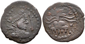 HUNNIC TRIBES, Western Turks. Circa 6th century. AE (Bronze, 15 mm, 0.87 g, 3 h). Beardless bust to right, wearing crown with three crescents; before,...