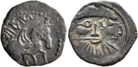 HUNNIC TRIBES, Western Turks. Sri Sahi, circa 650-700. AE (Bronze, 14 mm, 0.78 g, 3 h). 'SRI SHAHI' (in Brahmi) Pegasus to right. Rev. Large bearded h...