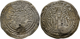 HUNNIC TRIBES, Western Turks. Sandan, Lord of the Oxus, circa 690-730. Drachm (Silver, 32 mm, 3.30 g, 12 h), uncertain mint in Bactria, circa 690-730....