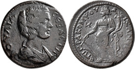 PHRYGIA. Aezanis. Julia Domna, Augusta, 193-217. Tetrassarion (Bronze, 29 mm, 13.83 g, 6 h), Kompsos, grammateus. IOYΛIA CЄBACTH Draped bust of Julia ...