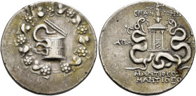 PHRYGIA. Apameia. C. Fannius, praetor, 49/8 BC. Cistophorus (Silver, 27 mm, 12.22 g, 12 h), Mantitheos, son of Mantitheos, magistrate. Cista mystica f...