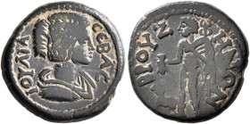 PHRYGIA. Bruzus. Julia Domna, Augusta, 193-217. Assarion (Bronze, 18 mm, 4.32 g, 5 h). IOVΛIA CЄBAC Draped bust of Julia Domna to right. Rev. BPOYZHNΩ...