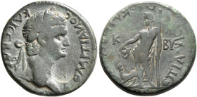 PHRYGIA. Cibyra. Domitian, 81-96. Assarion (Bronze, 19 mm, 4.77 g, 6 h), Klau. Bias, high priest. ΔΟΜΙΤΙΑИΟϹ ΚΑΙ ϹЄΒΑTΟϹ (sic!) Laureate head of Domit...