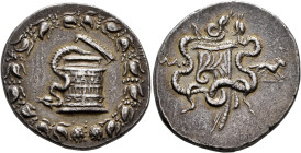 PHRYGIA. Laodicea ad Lycum, circa 160-145 BC. Cistophorus (Silver, 27 mm, 12.54 g, 12 h). Cista mystica from which snake coils; around, ivy wreath wit...