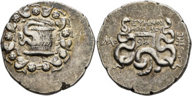 PHRYGIA. Laodicea ad Lycum, circa 133/88-67 BC. Cistophorus (Silver, 25 mm, 12.54 g, 12 h), Euenos, son of Herodos. Cista mystica from which snake coi...