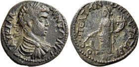 PHRYGIA. Peltae. Caracalla, 198-217. Assarion (Bronze, 22 mm, 4.84 g, 6 h), T. Mar. Tat. Arionos, strategos. AY K M ANTΩNЄI Laureate, draped and cuira...