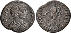 PHRYGIA. Peltae. Geta, as Caesar, 198-209. Assarion (Bronze, 21 mm, 5.24 g, 6 h), Metrobios, strategos. ΠΟ CЄΠ ΓЄTAC KAI Bare-headed, draped and cuira...