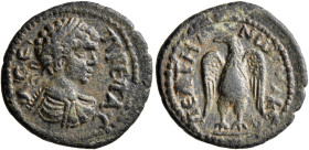 PHRYGIA. Peltae. Geta, 209-211. Assarion (Bronze, 19 mm, 2.70 g, 6 h). Λ CЄΠ ΓЄTAC Laureate, draped and cuirassed bust of Geta to right, seen from beh...