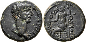 PHRYGIA. Philomelium. Claudius, 41-54. Assarion (Bronze, 17 mm, 4.23 g, 12 h), Brocchoi, magistrate. ΣΕΒΑΣΤΟΣ Bare head of Claudius to right. Rev. ΒΡΟ...