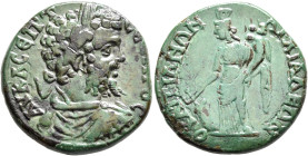 THRACE. Anchialus. Septimius Severus, 193-211. Tetrassarion (Bronze, 26 mm, 12.79 g, 8 h). AΥ K Λ CЄΠT CЄYHPOC Laureate, draped and cuirassed bust of ...
