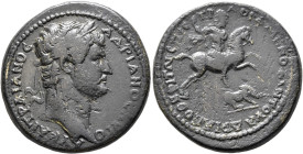 MYSIA. Hadrianotherae. Hadrian, 117-138. Tetrassarion (Bronze, 29 mm, 14.66 g, 6 h), Orphios Menophantos, strategos. AY KAI TPAIANOC AΔPIANOC AYΓO Lau...