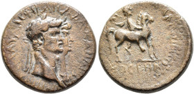 LYDIA. Mostene. Claudius, with Agrippina Junior, 41-54. Assarion (Bronze, 20 mm, 5.48 g, 12 h), Pedianus, magistrate, 50-54. ΤΙ ΚΛΑΥΔΙΟΝ ΚΑΙϹΑΡΑ ΘЄΑΝ ...