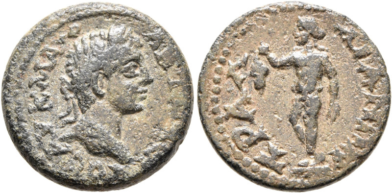 LYDIA. Tralles. Elagabalus, 218-222. Assarion (Bronze, 18 mm, 4.32 g, 6 h). ΑΥΤ ...