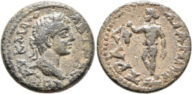 LYDIA. Tralles. Elagabalus, 218-222. Assarion (Bronze, 18 mm, 4.32 g, 6 h). ΑΥΤ Κ Μ ΑΥΡ ΑΝΤΩΝЄΙΝΟϹ Laureate head of Elagabalus to right. Rev. ΤΡΑΛΛΙΑΝ...