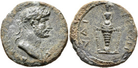 CARIA. Hydisus. Hadrian, 117-138. Assarion (Bronze, 21 mm, 5.30 g, 6 h). A[...] Laureate head of Hadrian to right. Rev. VΔΙCЄⲰΝ Cult statue of Artemis...