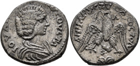 SYRIA, Seleucis and Pieria. Emesa. Julia Domna, Augusta, 193-217. Tetradrachm (Billon, 25 mm, 12.26 g, 1 h), 215-217. •IOYΛ[IA] AYΓOYCTA Draped bust o...