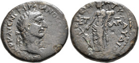 JUDAEA. Tiberias. Trajan, 98-117. Triassarion (Bronze, 27 mm, 15.67 g, 12 h), CY 81 = 98/9. ΑΥΤΟΚΡ ΚΑΙϹ ΝЄΡ ΤΡΑΙΑΝΟϹ Ϲ[ЄΒ ΓЄΡΜ] Laureate head of Traja...