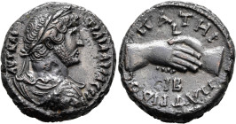 EGYPT. Alexandria. Hadrian, 117-138. Tetradrachm (Billon, 23 mm, 13.24 g, 11 h), RY 12 = 127/8. ΑΥΤ ΚΑI ΤΡΑΙ ΑΔΡΙΑ CЄΒ Laureate, draped and cuirassed ...