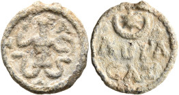 EGYPT. Uncertain. Circa 2nd-4th centuries. Gnostic Tessera (Lead, 18 mm, 3.39 g, 12 h). IAⲰ Abrasax facing, with the head of a rooster and snakes for ...