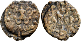 EGYPT. Uncertain. Circa 2nd-4th centuries. Gnostic Tessera (Lead, 17 mm, 2.93 g, 12 h). IAⲰ Abrasax facing, with the head of a rooster and snakes for ...