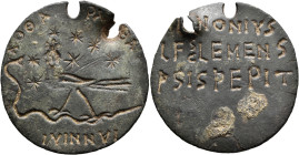 UNCERTAIN. Circa 1st-3rd centuries. Gnostic Amulet (Bronze, 40 mm, 12.27 g, 12 h). AOΘA [...] ΡΑ [...] A / IVINN∀I Roosting standing left on snake rai...