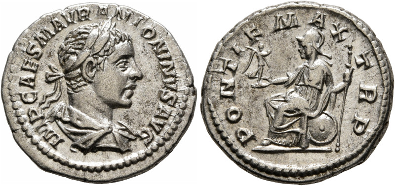 Elagabalus, 218-222. Denarius (Silver, 20 mm, 3.31 g, 1 h), Rome, 218. IMP CAES ...