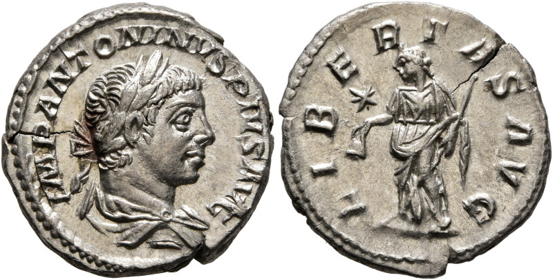 Elagabalus, 218-222. Denarius (Silver, 18 mm, 3.25 g, 2 h), Rome, 220-221. IMP A...