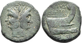 Sextus Pompey, † 35 BC. As (Bronze, 23 mm, 19.34 g, 12 h), uncertain mint in Sicily, circa 43-36. [MA]GNVS Laureate janiform head of Pompey 'the Great...