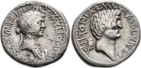 Mark Antony and Cleopatra. Denarius (Silver, 18 mm, 3.67 g, 1 h), Alexandria, 32 BC. CLEOPATRAE REGINAE•REGVM•FILIORVM REGVM Diademed and draped bust ...