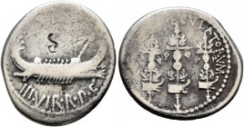 Mark Antony, 44-30 BC. Denarius (Silver, 18 mm, 3.52 g, 2 h), military mint moving with Mark Antony (Patrae?), 32-31 BC. [ANT•AVG]•III•VIR•R•P•C Galle...