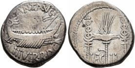 Mark Antony, 44-30 BC. Denarius (Silver, 16 mm, 3.55 g, 6 h), military mint moving with Mark Antony (Patrae?), 32-31 BC. ANT AVG III VIR R•P•C Galley ...
