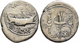 Mark Antony, 44-30 BC. Denarius (Silver, 18 mm, 2.92 g, 6 h), military mint moving with Mark Antony (Patrae?), 32-31 BC. ANT AVG III VIR R•P•C Galley ...