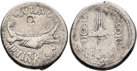 Mark Antony, 44-30 BC. Denarius (Silver, 17 mm, 3.38 g, 6 h), military mint moving with Mark Antony (Patrae?), 32-31 BC. ANT•AVG III VIR R•P•C Galley ...