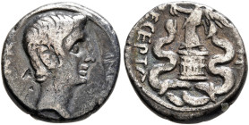 Octavian, 44-27 BC. Quinarius (Silver, 12 mm, 1.69 g, 12 h), uncertain mint in Italy (Brundisium or Rome?), 29-27. IM[P CAESAR] Bare head of Octavian ...