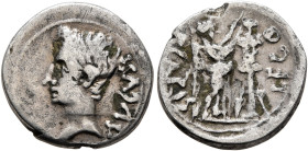 Augustus, 27 BC-AD 14. Quinarius (Silver, 14 mm, 1.66 g, 6 h), Emerita, 25-23 BC. AVGVST Bare head of Augustus to left. Rev. P CARISI LEG Victory stan...