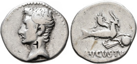 Augustus, 27 BC-AD 14. Denarius (Silver, 19 mm, 3.59 g, 7 h), uncertain mint in Spain (Emerita or Colonia Patricia?), circa 18-17/16 BC. Bare head of ...