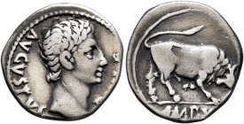 Augustus, 27 BC-AD 14. Denarius (Silver, 18 mm, 3.68 g, 5 h), Lugdunum, circa 15-13 BC. AVGVSTVS DIVI•F Bare head of Augustus to right. Rev. IMP•X Bul...