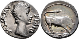 Augustus, 27 BC-AD 14. Denarius (Silver, 18 mm, 3.87 g, 9 h), Lugdunum, circa 15-13 BC. AVGVSTVS DIVI•F Bare head of Augustus to right. Rev. IMP•X Bul...