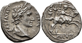 Augustus, 27 BC-AD 14. Denarius (Silver, 19 mm, 3.72 g, 1 h), Lugdunum, 8-7 BC. DIVI•F AVGVSTVS Laureate head of Augustus to right. Rev. [C•CAES] / AV...