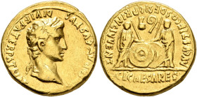 Augustus, 27 BC-AD 14. Aureus (Gold, 18 mm, 7.76 g, 12 h), Lugdunum, 2 BC-AD 4. CAESAR AVGVSTVS DIVI F PATER PATRIAE Laureate head of Augustus to righ...