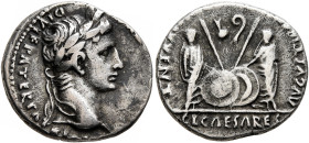 Augustus, 27 BC-AD 14. Denarius (Silver, 17 mm, 3.53 g, 6 h), Lugdunum, 2 BC-AD 4. [CAESAR AVGVSTVS] DIVI F PATER PATRIAE Laureate head of Augustus to...