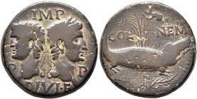 Augustus, with Agrippa, 27 BC-AD 14. As (Bronze, 26 mm, 13.00 g, 7 h), Nemausus, circa 10-14. IMP / P - P / DIVI•F Heads of Agrippa, on the left, wear...