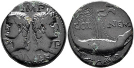 Augustus, with Agrippa, 27 BC-AD 14. As (Bronze, 26 mm, 12.84 g, 1 h), Nemausus, circa 10-14. IMP / P - P / DIVI•F Heads of Agrippa, on the left, wear...